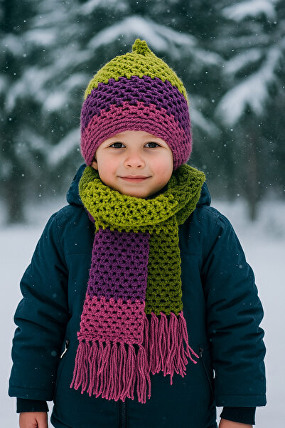 Yalçınoğlu Kids Hand Knitted Wool Children's Scarf Beanie Set |   3-8 Years Old |   Handmade Winter Set |   Warm Holder Winter Set I