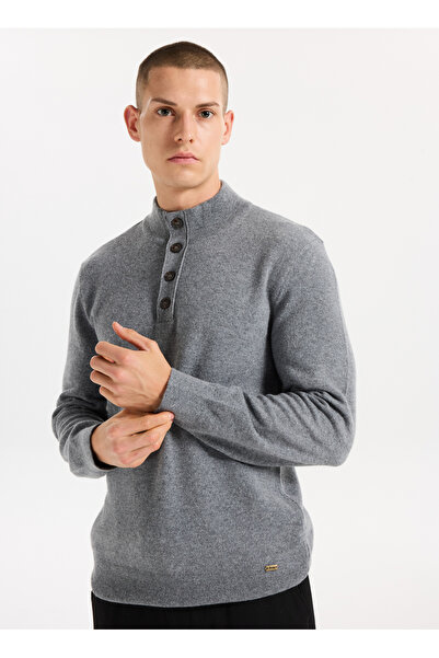 Jeep Dik Yaka Relaxed Düz Örgü Desenli Gri Melanj Erkek Kazak J5WM-KZK7855