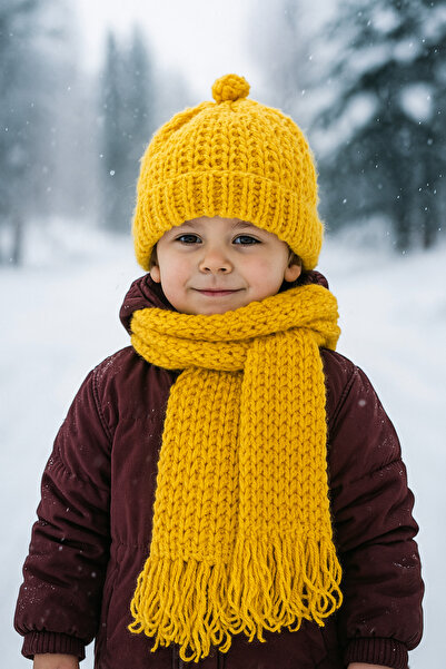 Yalçınoğlu Kids Hand Knitted Wool Children's Scarf Beanie Set |   3-8 Years Old |   Handmade Winter Set |   Warm Holder Winter Set I