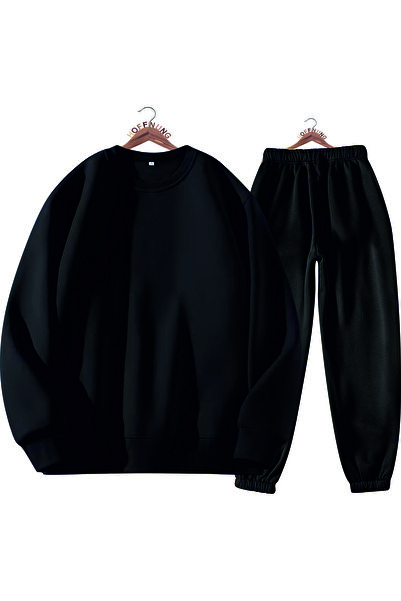 HOFFNUNG Casual Crew Neck Top and Sweatpants Set - Solid Color Vip Full Sweatshirt