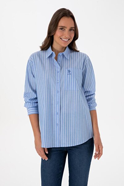 U.S. Polo Assn. Cămașă cu mânecă lungă cu dungi albastru deschis supradimensionat pentru femei TEKSPOR232747.5