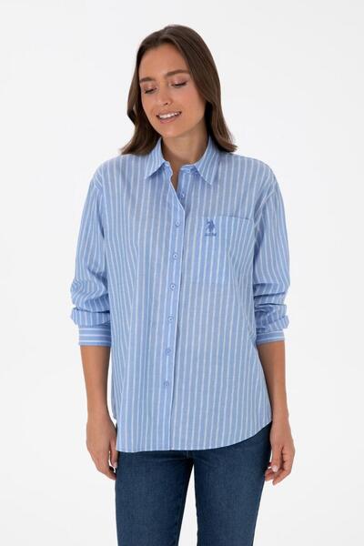 U.S. Polo Assn. Cămașă cu mânecă lungă cu dungi albastru deschis supradimensionat pentru femei TEKSPOR232747.5