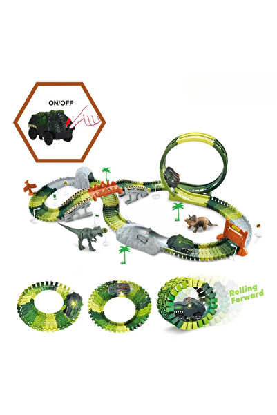 LUDIRO Dino Race Track with Electric Car, 132 Pieces, 2 Dinosaurs, Lights and Sounds, 110x48x23 Cm