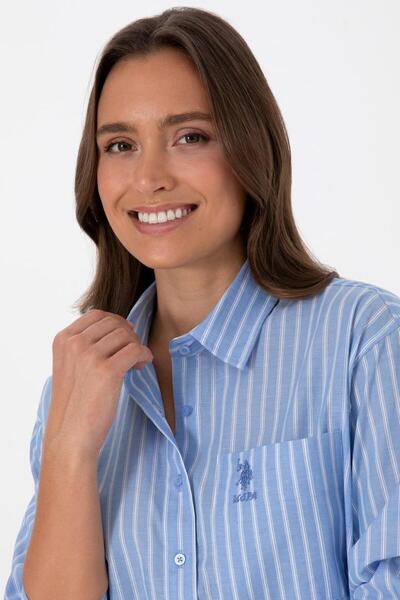 U.S. Polo Assn. Cămașă cu mânecă lungă cu dungi albastru deschis supradimensionat pentru femei TEKSPOR232747.5