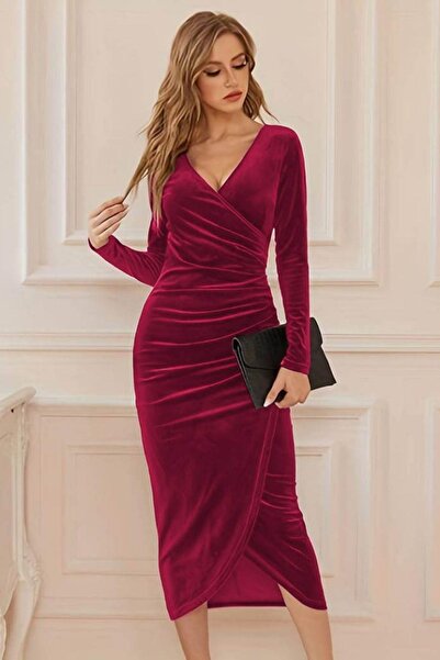 Mossta Double-Breasted Collar Waist Drawstring Detail Midi Velvet Dress - Red