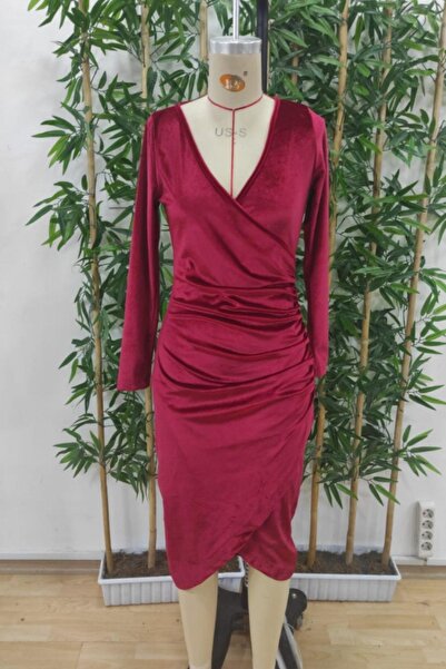 Mossta Double-Breasted Collar Waist Drawstring Detail Midi Velvet Dress - Red