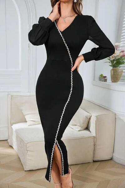 Mossta Long Sleeve V-Neck Side Stone Detailed Slit Midi Dress - Black