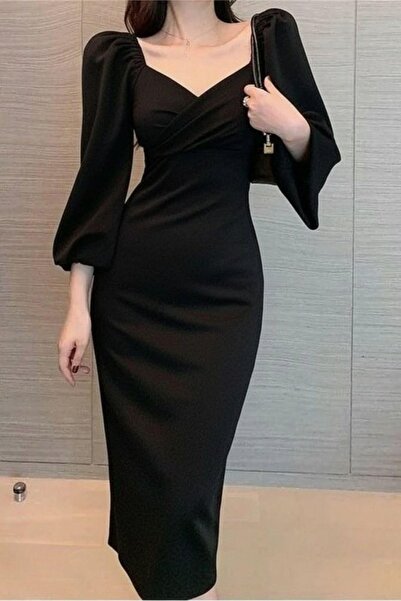Mossta Heart Neck Midi Imported Crepe Dress - Black