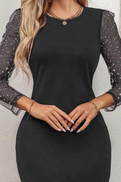 Mossta Tulle Detailed Long Sleeve Mini Diver Dress - Black