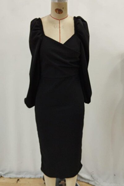 Mossta Heart Neck Midi Imported Crepe Dress - Black