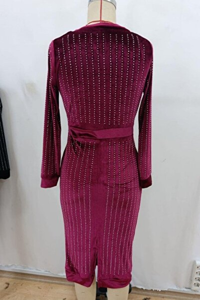 Mossta Long Sleeve Rhinestone Midi Velvet Dress - Burgundy
