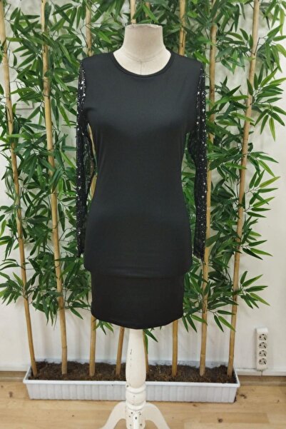 Mossta Tulle Detailed Long Sleeve Mini Diver Dress - Black