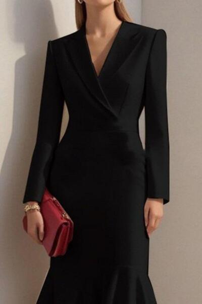 Mossta Double-Breasted Collar Ruffled Midi Imported Crepe Dress - Black