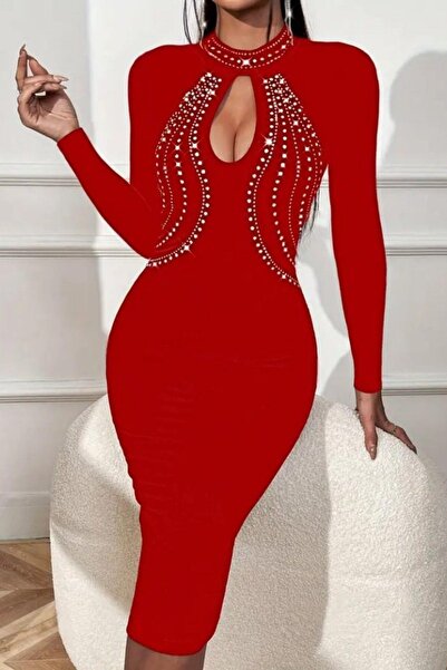 Mossta Mock Neck Stone Drop Detail Midi Evening Dress - Red