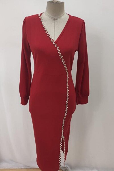 Mossta Long Sleeve V-Neck Side Stone Detailed Slit Midi Dress - Red