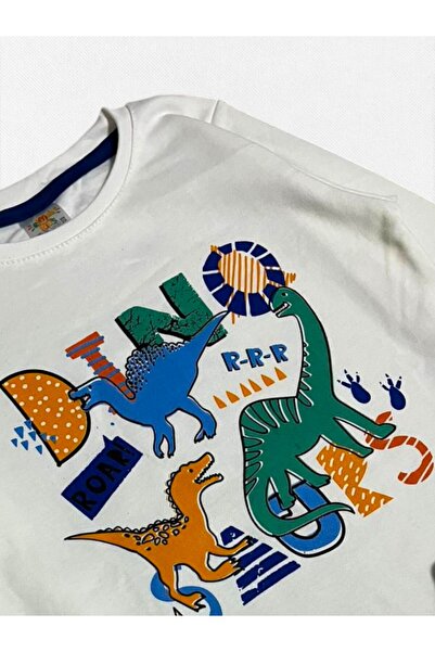 elmas kids Boys' 100% Cotton White Dinosaurs Patterned Long Sleeve Winter Pajama Set