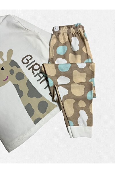 elmas kids Girl's 100% Cotton White Color Giraffe Patterned Long Sleeve Winter Pajama Set