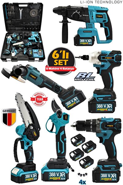 stilmax German Şarjlı 4 Akülü 6'lı Makine Seti Matkap-Kırıcı Hilti-Taşlama-Somun Sökme-Dal Budama Makas Set