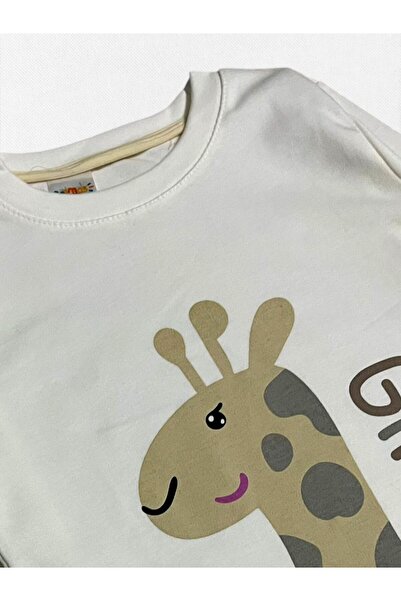 elmas kids Girl's 100% Cotton White Color Giraffe Patterned Long Sleeve Winter Pajama Set