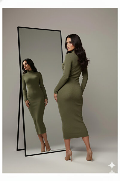 MaxiMor Women's Gray Ribbed Knit Corded Fabric Fabric Mock Neck Pencil Model Dress Height 135 Cm1