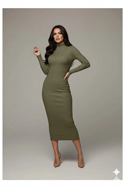 MaxiMor Women's Gray Ribbed Knit Corded Fabric Fabric Mock Neck Pencil Model Dress Height 135 Cm1