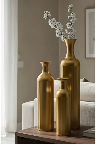 Noor High-quality vase set, gold-colored iron with a striped pattern, 15*50, 17*65, 20*85