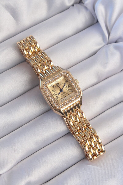 avensyy Gold Color Zircon Stone Square Model Roman Numeral Retro Women's Watc...