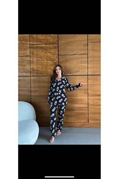 forte bella Women's Patterned Front Buttoned Winter Warm Stylish Pajama Bottoms and Tops Set