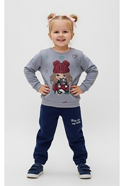 Beray Bebe Cotton Girls' Winter Inner Wear Fleece-Lined Tracksuit Set - B Printed Sweatshirt & Pants