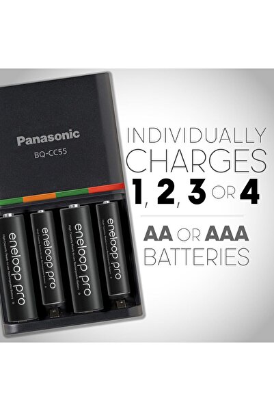 PANASONIC شاحن Eneloop BQ-CC55 - Advanced Pro، شحن سريع لمدة 4 ساعات، 4 مؤشرات LED، أسود
