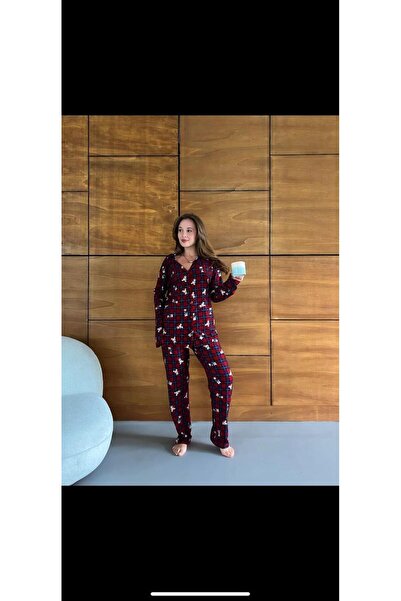 forte bella Women's Patterned Front Buttoned Winter Warm Stylish Pajama Bottoms and Tops Set