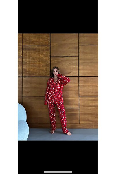 forte bella Women's Patterned Front Buttoned Winter Warm Stylish Pajama Bottoms and Tops Set