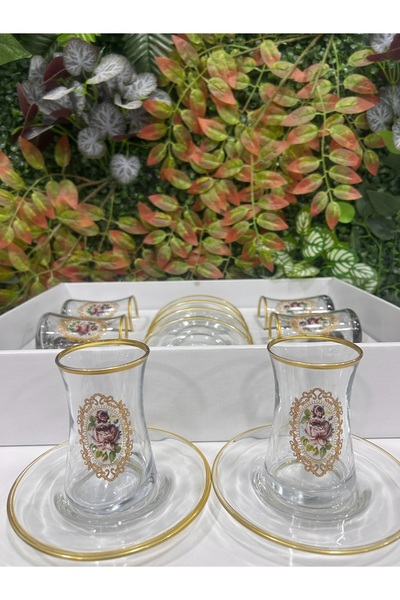 Hawve Altın Yaldızlı Gül Motifli 12 Parça Çay Bardağı