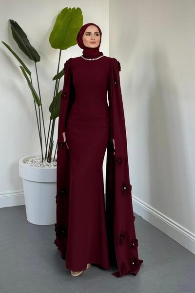 MERVEN AKYÜZ Aliya Pelerini Güllü Balık Abiye Bordo