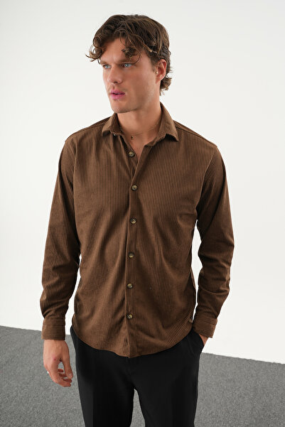 No Way Ανδρικό πουκάμισο με κανονική εφαρμογή, βελούδινο ριγέ μακρυμάνικο πουκάμισο