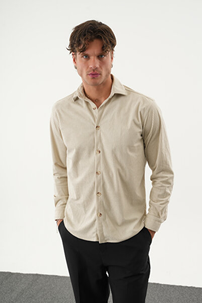 No Way Men's Regular Fit Velvet Striped Long Sleeve Shirt