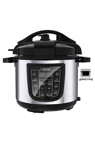 Edison Steel Electric Pressure Cooker, 10L, 1400W, 10 Functions - Black/Silver