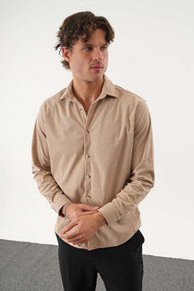 No Way Men's Regular Fit Velvet Striped Long Sleeve Shirt