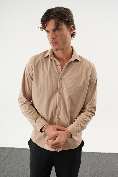 No Way Men's Regular Fit Velvet Striped Long Sleeve Shirt