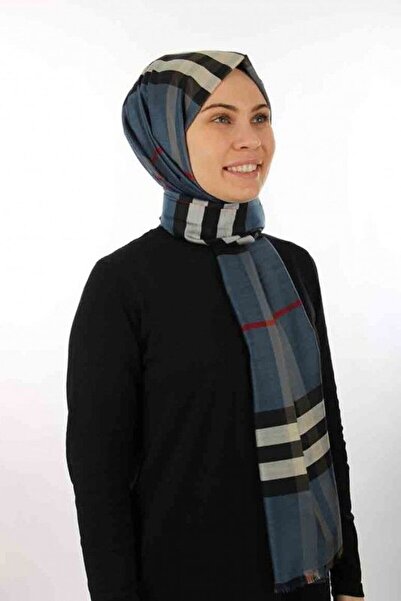 PİRAMİT شال منقوش باللون الأزرق الداكن والأحمر