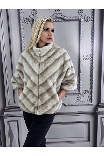 GLAMSI Elegant women's jacket made of organic fur with three-quarter sleeves