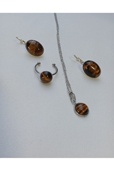 OEM Tiger's Eye Jewelry Set - Earrings, Open Ring, Chain with Pendant, Stainless Steel, Multicolor
