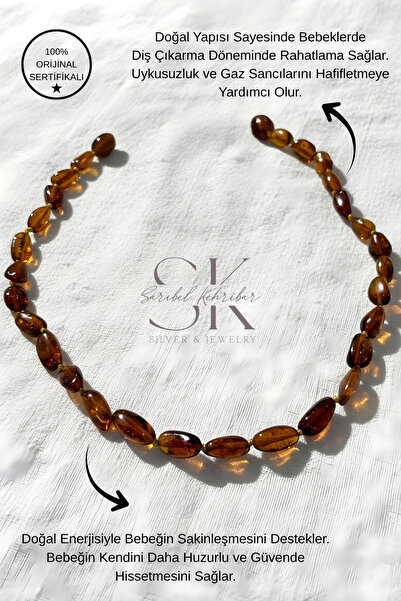Sarıbel Kehribar Sertifikalı Damla Baltık Bebek Diş Sağlık Kehribar Kolye