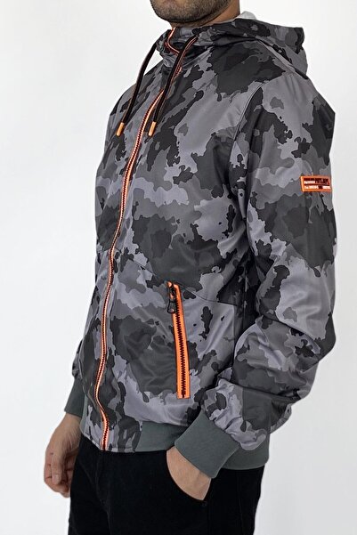 Alışveriş Sokağı Hooded Camouflage Raincoat with Orange Detail