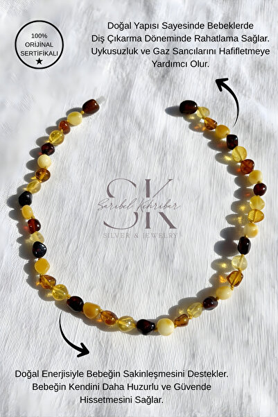 Sarıbel Kehribar Sertifikalı Damla Baltık Bebek Diş Sağlık Kehribar Kolye