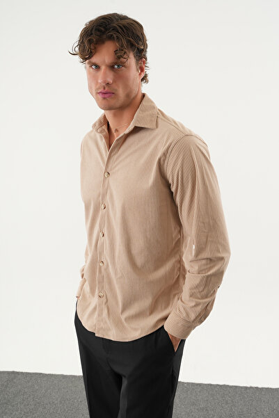 No Way Men's Regular Fit Velvet Striped Long Sleeve Shirt