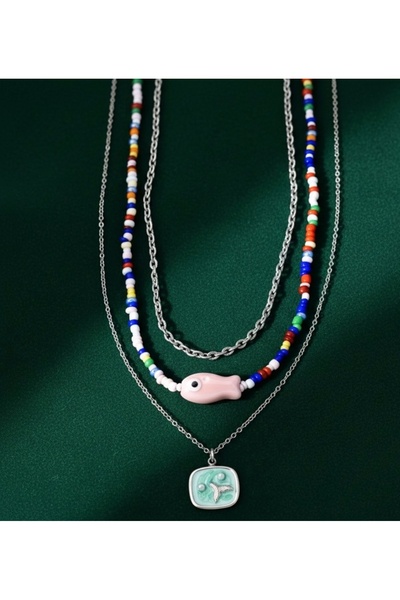DeNors 3-Piece Women's Necklace Set – Silver Chain with Ceramic Fish and Bead Detail