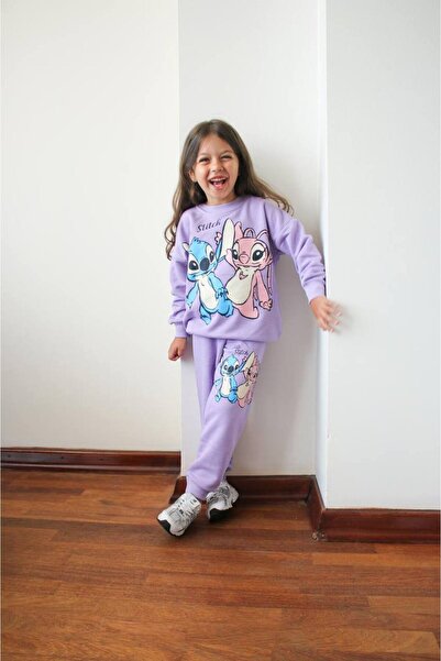 ARBİ kids Girls' Stitch Purple Three-Thread Fleece-Lined Winter Soft Suit