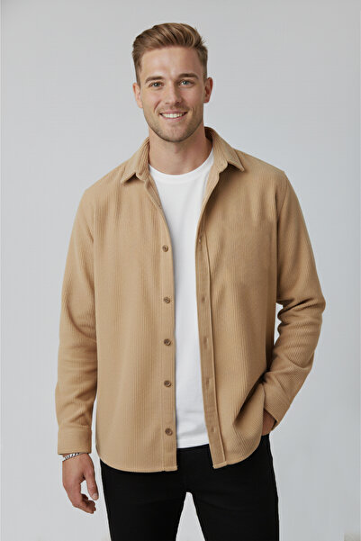 DeepSEA Men's Camel Velvet Corded Fabric Relaxed Fit Shirt Soft Textured Stretch Fabric Velvet Shirt 2600758