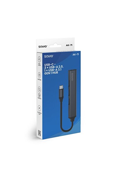 Savio Hub USB Tip-C AK-71, 3 x USB-A 2.0, 1 x USB-A 3.1, Carcasă din aluminiu